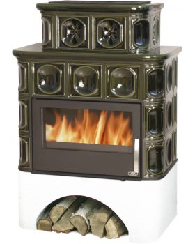 Печь-камин ABX KARELIE P OX, белый цоколь - вставка СТАЛЬНАЯ (зеленая)