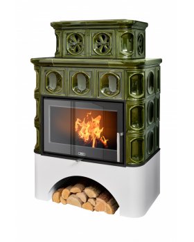 Печь-камин ABX KARELIE NI, белый цоколь - вставка СТАЛЬНАЯ (зеленая)