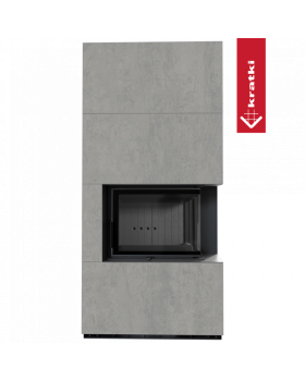 Каминокомплект FLOKI в облицовке CEMENTO GRIGIO BOCCIARDATA, угловое стекло справа