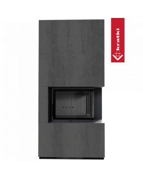 Каминокомплект FLOKI в облицовке NATURALI PIETRA DI SAVOIA ANTRANCITE BOCCIARDATA, угловое стекло справа