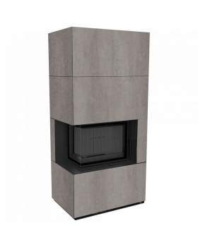 Каминокомплект FLOKI в облицовке NATURALI PIETRA DI SAVOIA GRIGIA BOCCIARDATA, угловое стекло слева