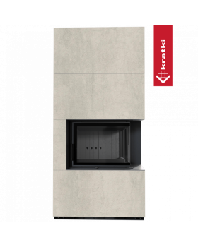 Каминокомплект FLOKI в облицовке NATURALI PIETRA DI SAVOIA PERLA BOCCIARDATA, угловое стекло справа