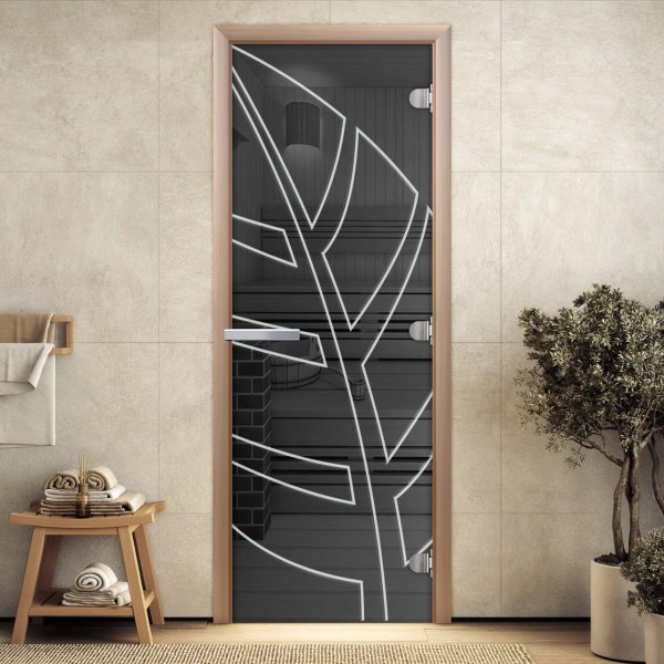 Стеклянная дверь для бани и сауны Листок графит