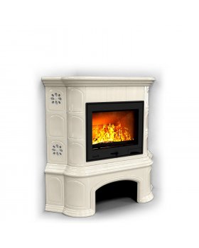 Камин для дачи с изразцами Прованс с дровником угловой Ваниль.