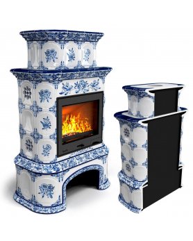 Изразцовая печь для дома Прованс с дровником пристенный двухъярусный Дельфт