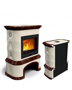 Печь камин длительного горения с изразцами Прованс с дровником пристенный Шоколад.