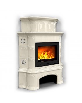 Печь камин для дачи длительного горения Прованс с дровником угловой двухъярусный Ваниль.